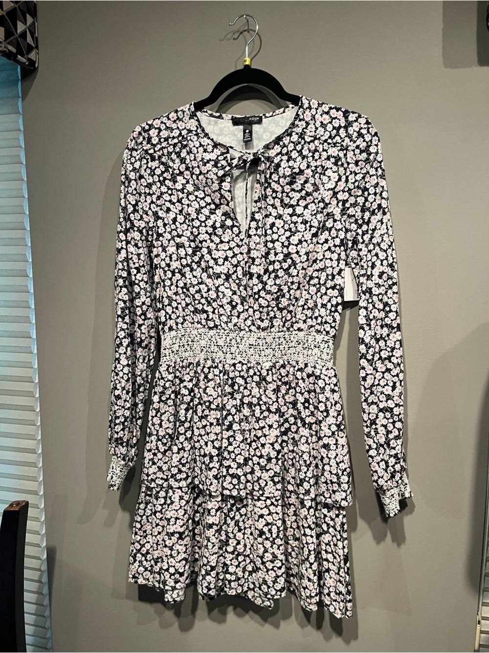 Aqua Black Floral Long-Sleeve Smocked Waist Mini Dress